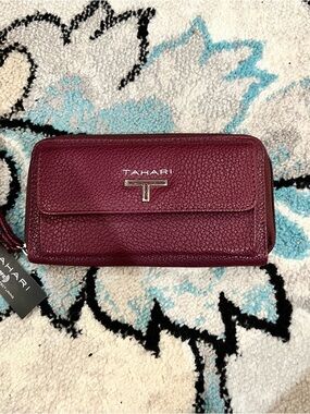 Tahari Burgundy Pebbled Leather Zip Wallet with Silver Logo